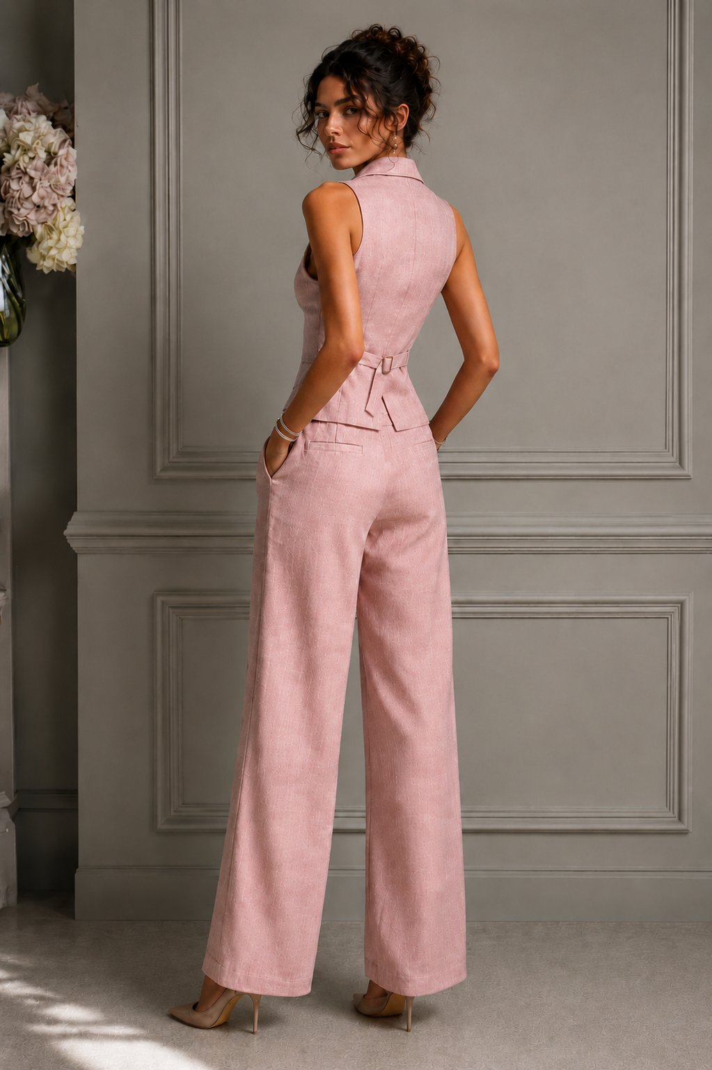 Traje de dos piezas con cuello en V y botones para mujer