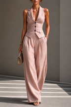 Traje de dos piezas con cuello en V y botones para mujer