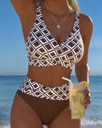 Bikini de talle alto estampado de rombos