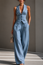 Traje de dos piezas con cuello en V y botones para mujer
