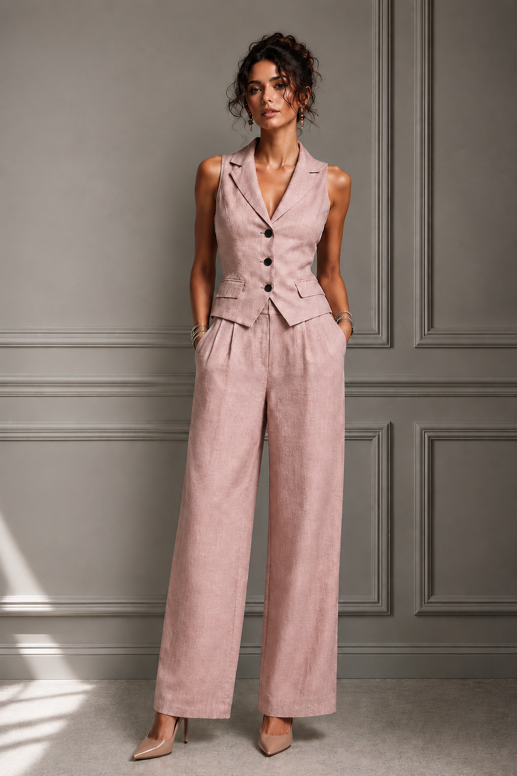 Traje de dos piezas con cuello en V y botones para mujer