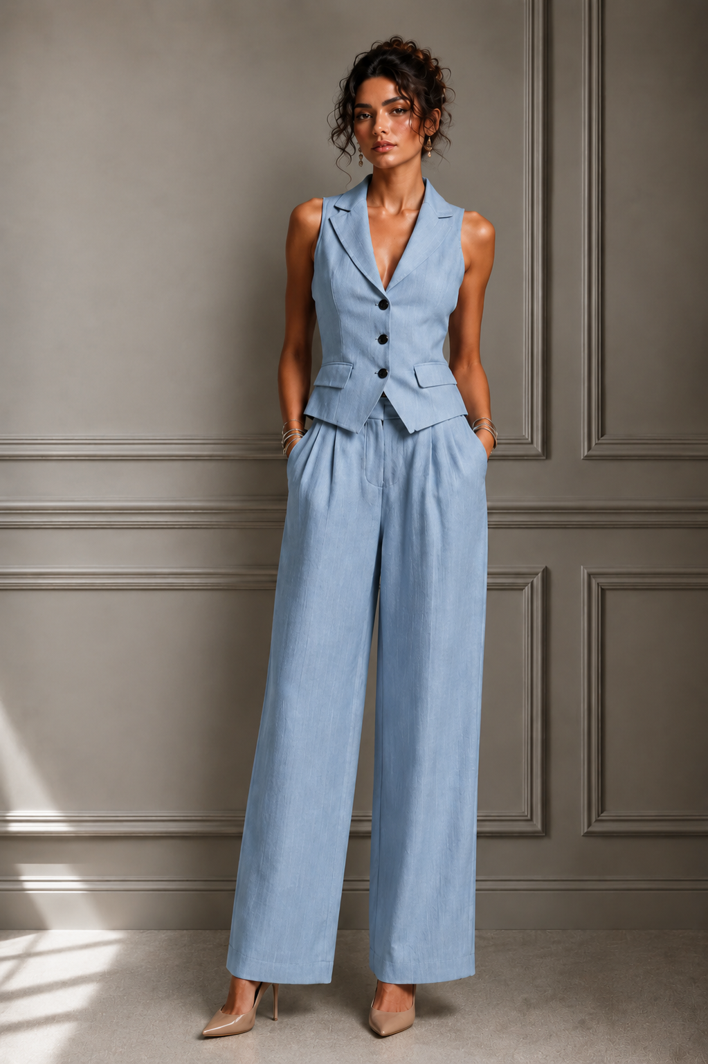 Traje de dos piezas con cuello en V y botones para mujer