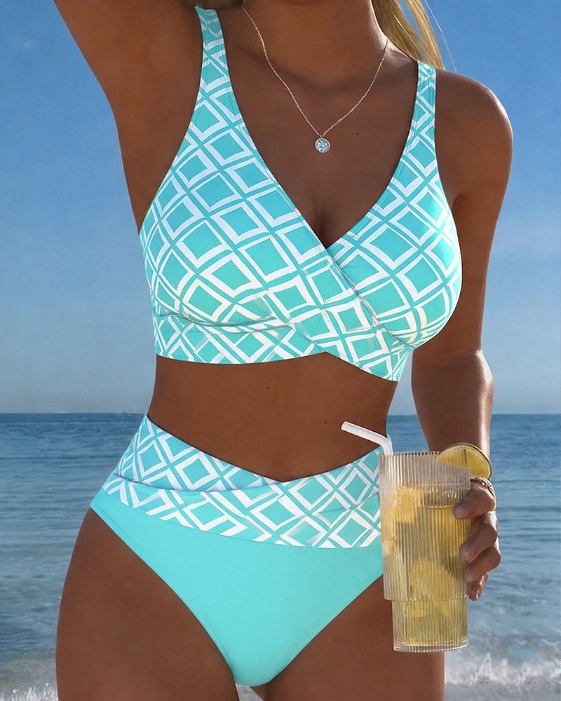 Bikini de talle alto estampado de rombos