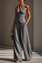 Traje de dos piezas con cuello en V y botones para mujer