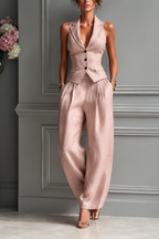 Traje de dos piezas con cuello en V y botones para mujer