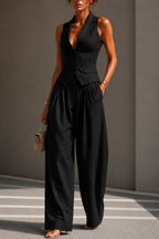 Traje de dos piezas con cuello en V y botones para mujer