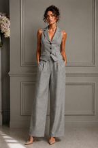 Traje de dos piezas con cuello en V y botones para mujer