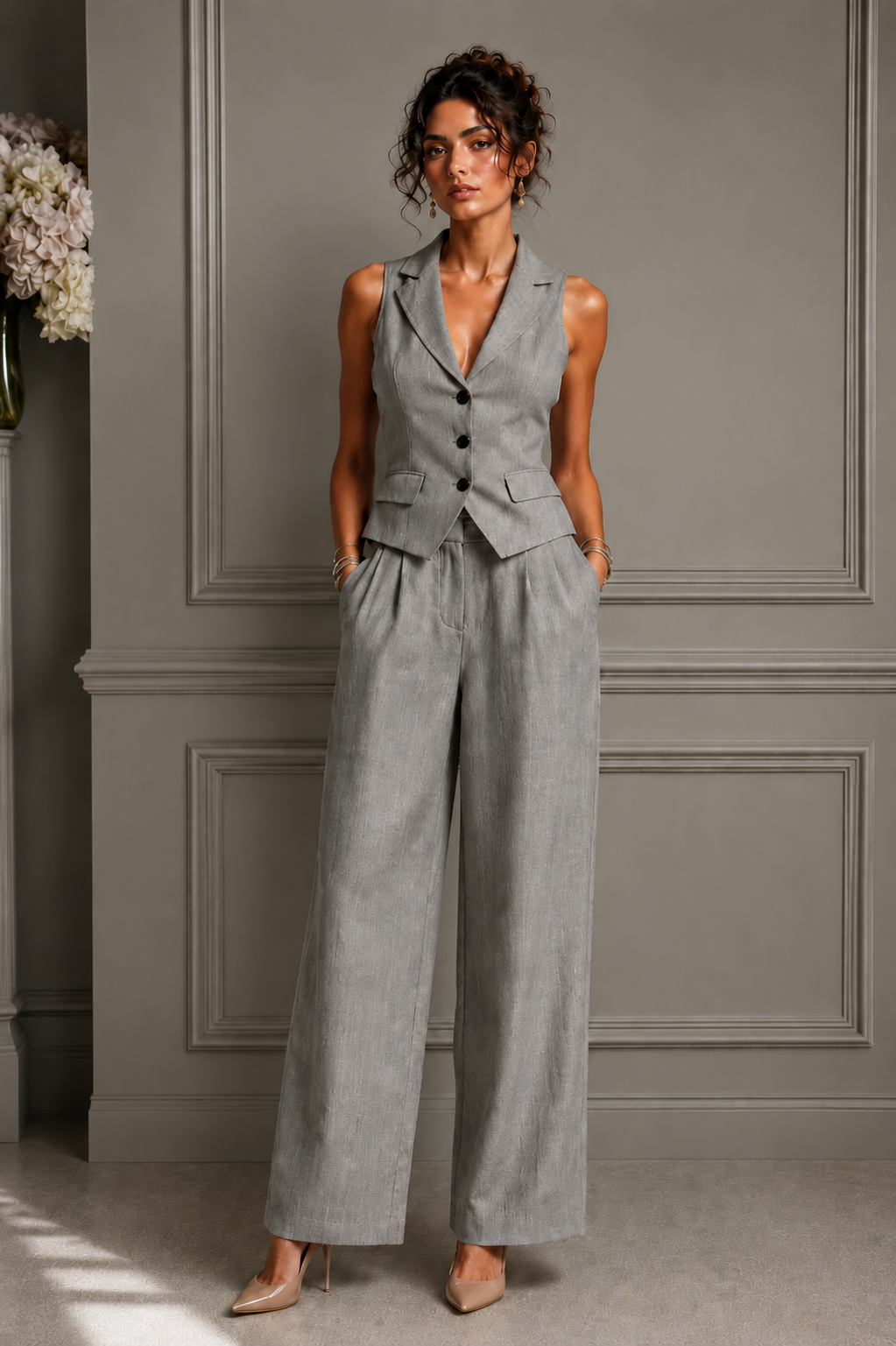 Traje de dos piezas con cuello en V y botones para mujer