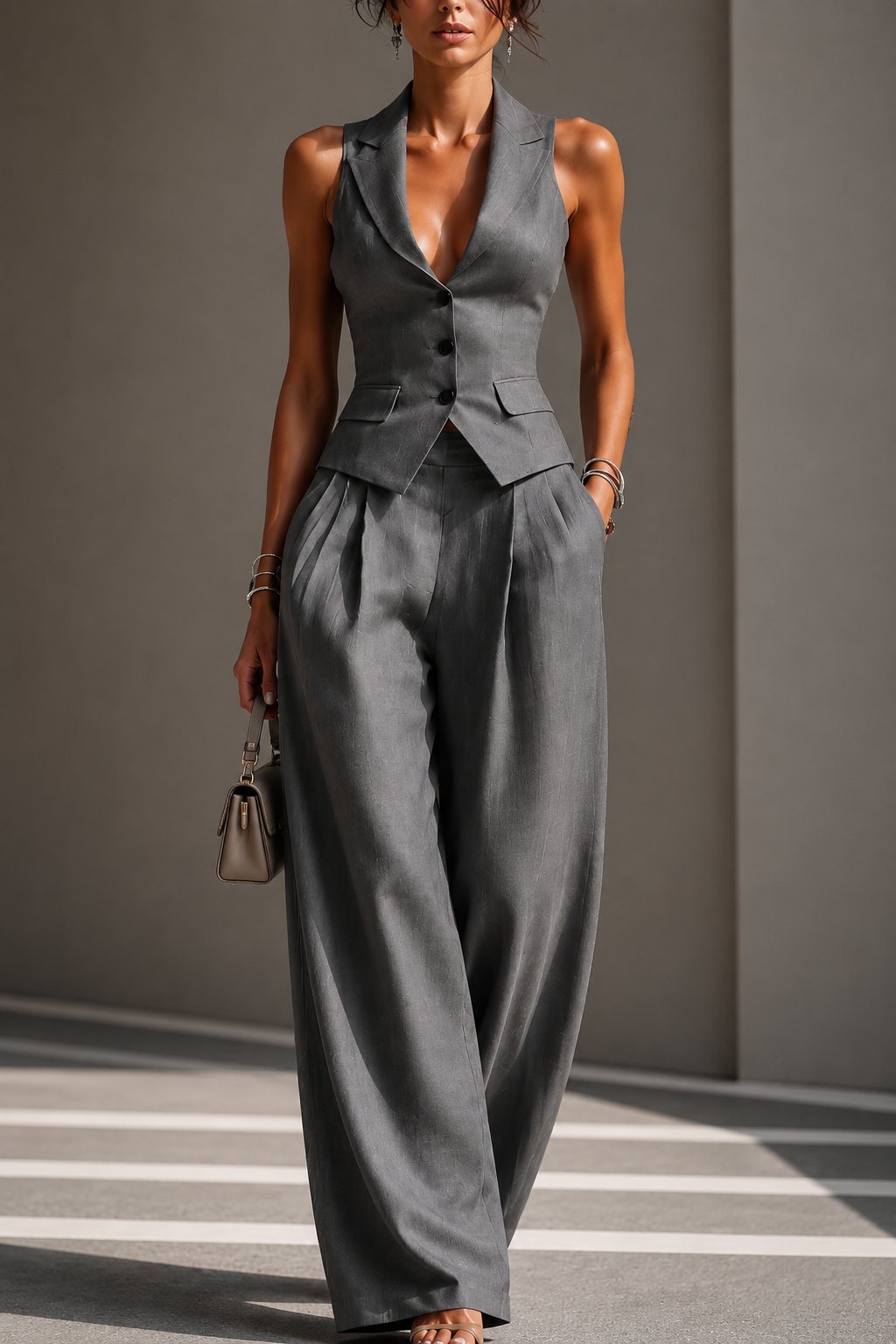 Traje de dos piezas con cuello en V y botones para mujer