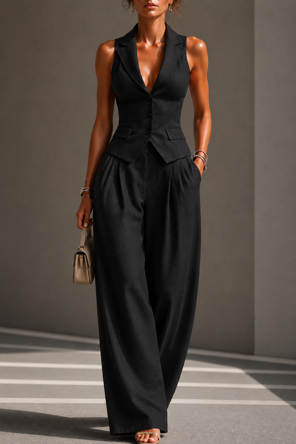 Traje de dos piezas con cuello en V y botones para mujer