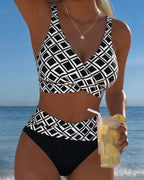 Bikini de talle alto estampado de rombos