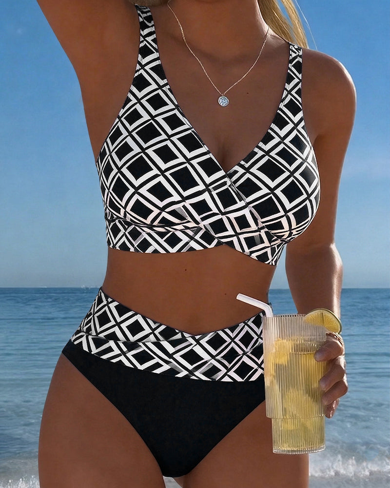 Bikini de talle alto estampado de rombos