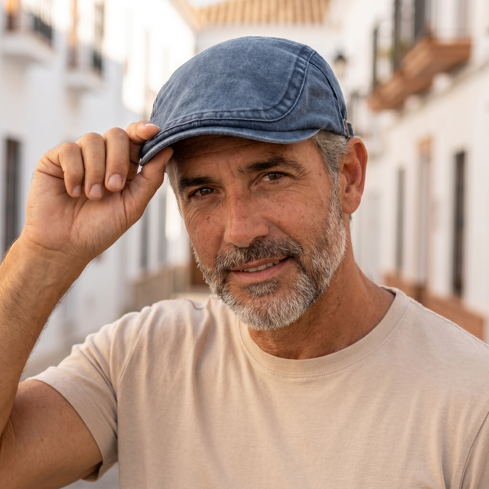 Hombre con gorra vaquera vintage azul en calle andaluza