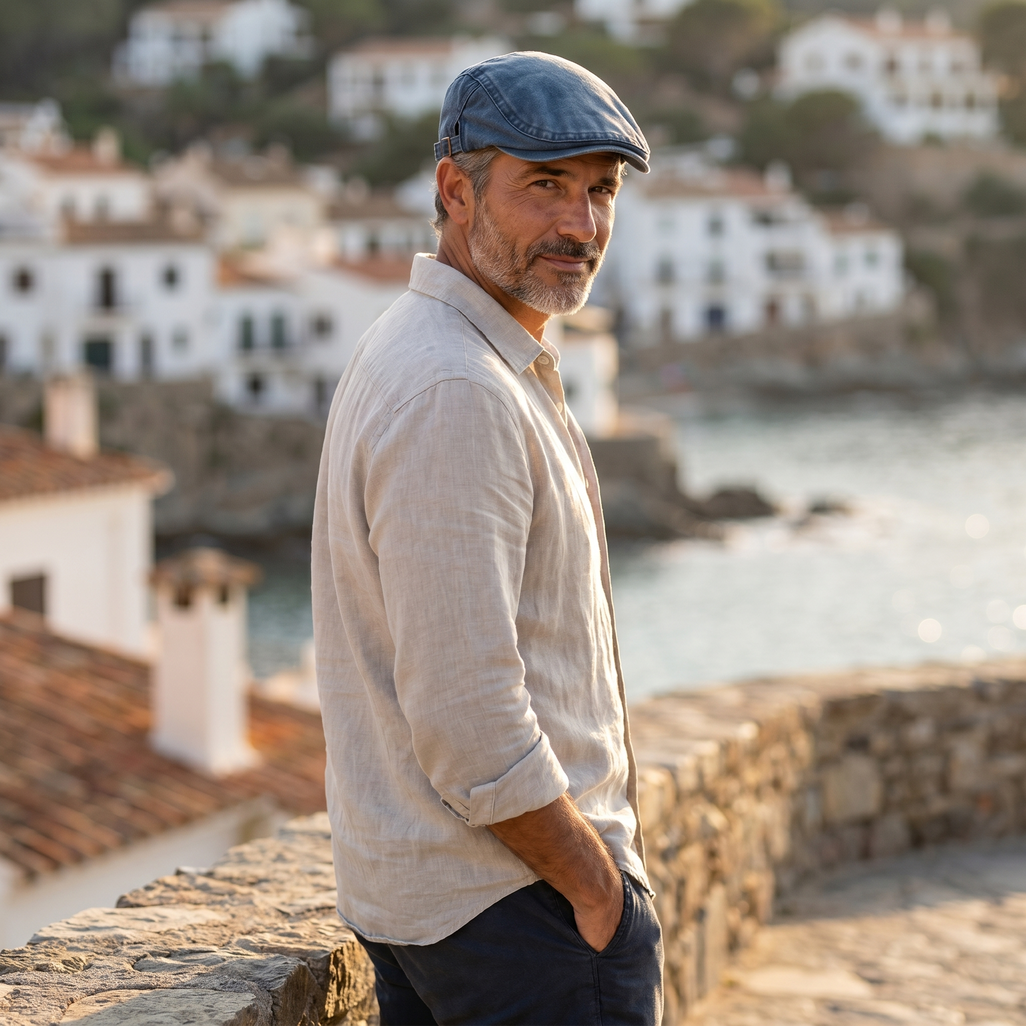 Hombre con gorra vaquera vintage azul en mirador costero