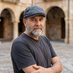 Hombre con gorra vaquera vintage negro carbón en plaza histórica española