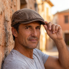 Hombre con gorra vaquera vintage marrón tabaco en calle de pueblo español