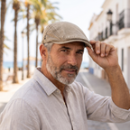 Hombre con gorra vaquera vintage beige en paseo marítimo mediterráneo