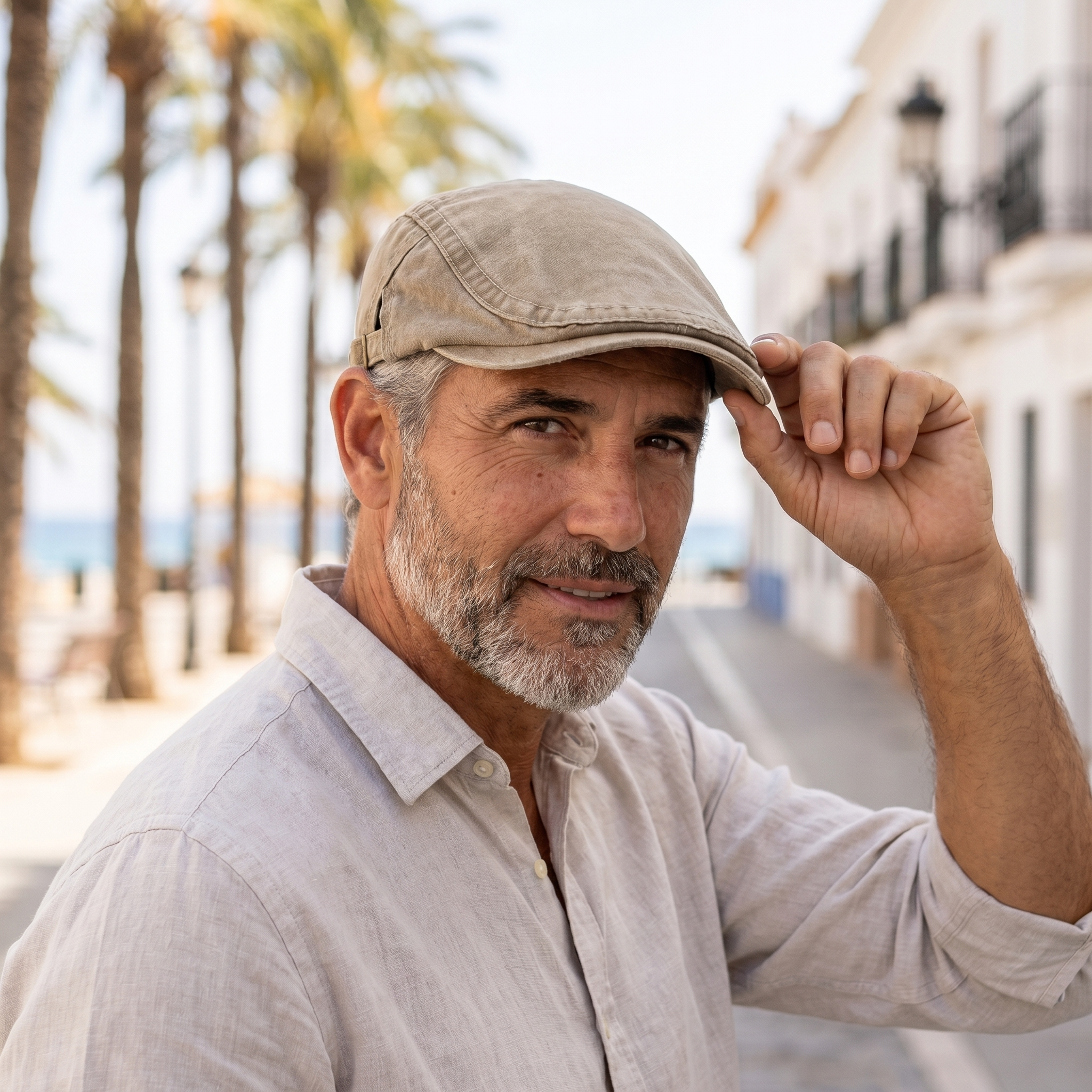 Hombre con gorra vaquera vintage beige en paseo marítimo mediterráneo