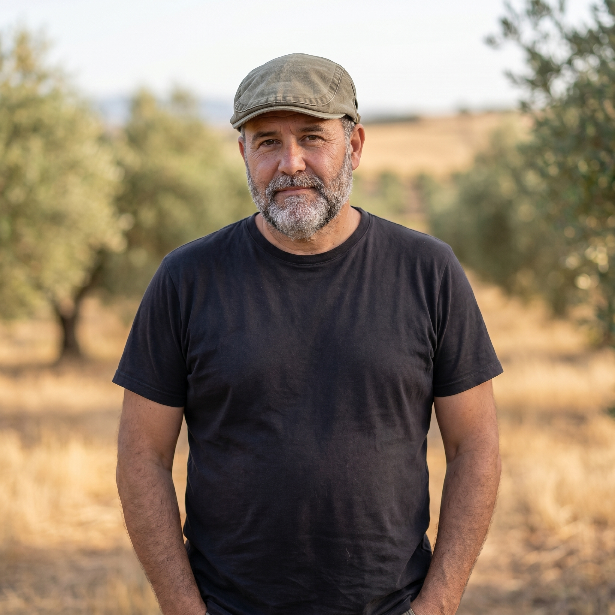 Hombre con gorra vaquera vintage verde oliva en campo español