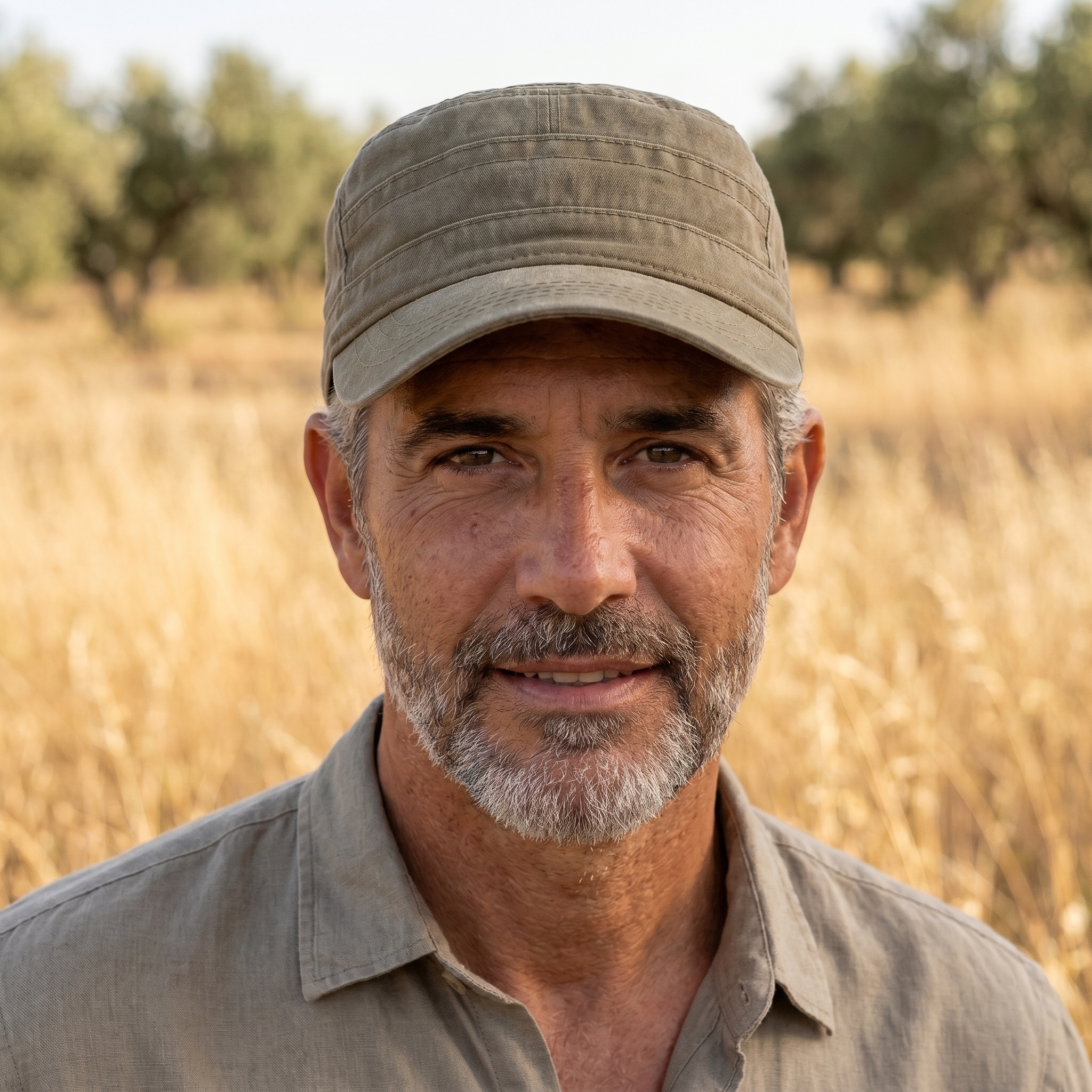 Hombre con gorra de algodón de campo verde oliva en campo español