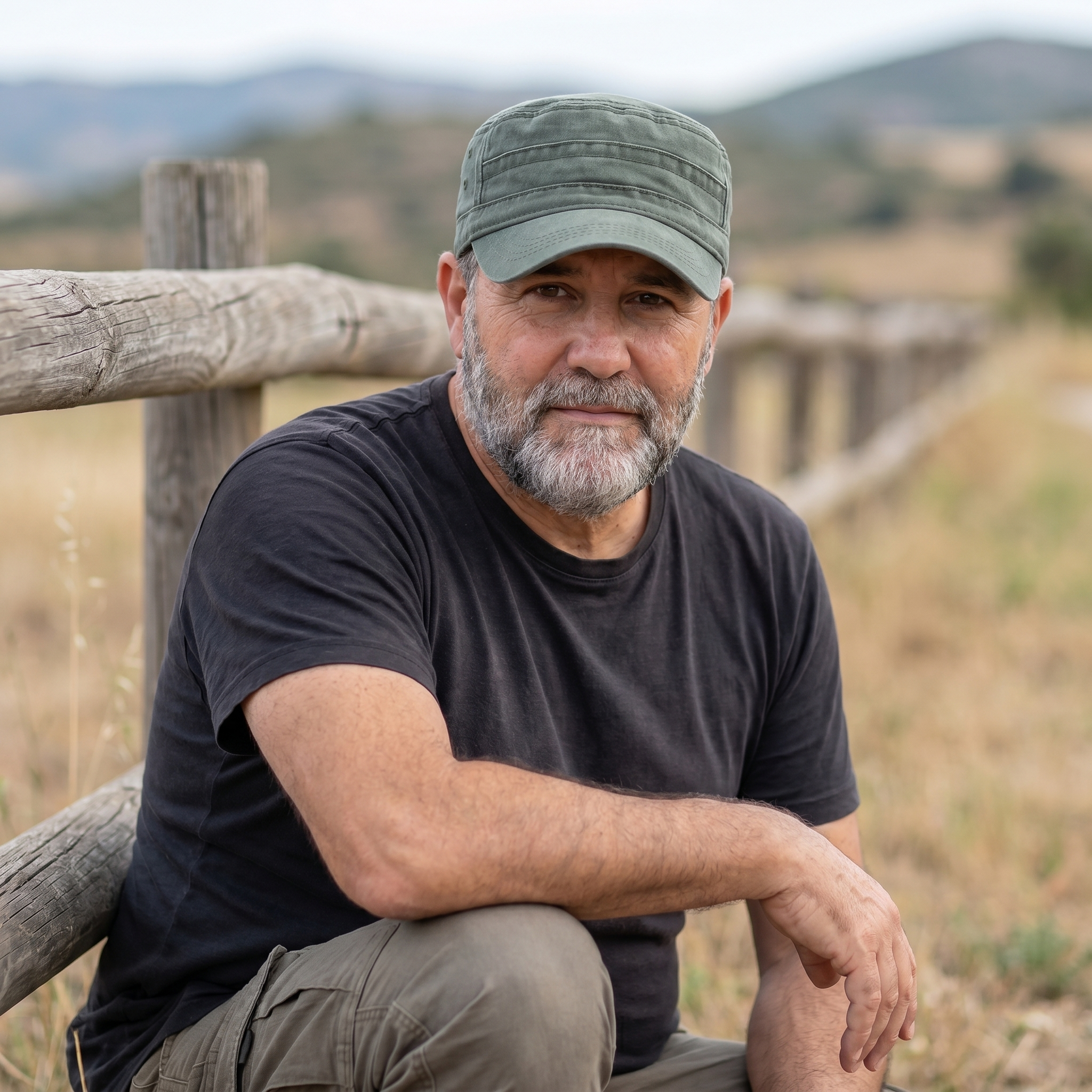 Hombre con gorra de algodón de campo verde junto a valla de madera
