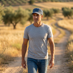 Hombre con gorra de algodón de campo azul vaquero caminando por sendero