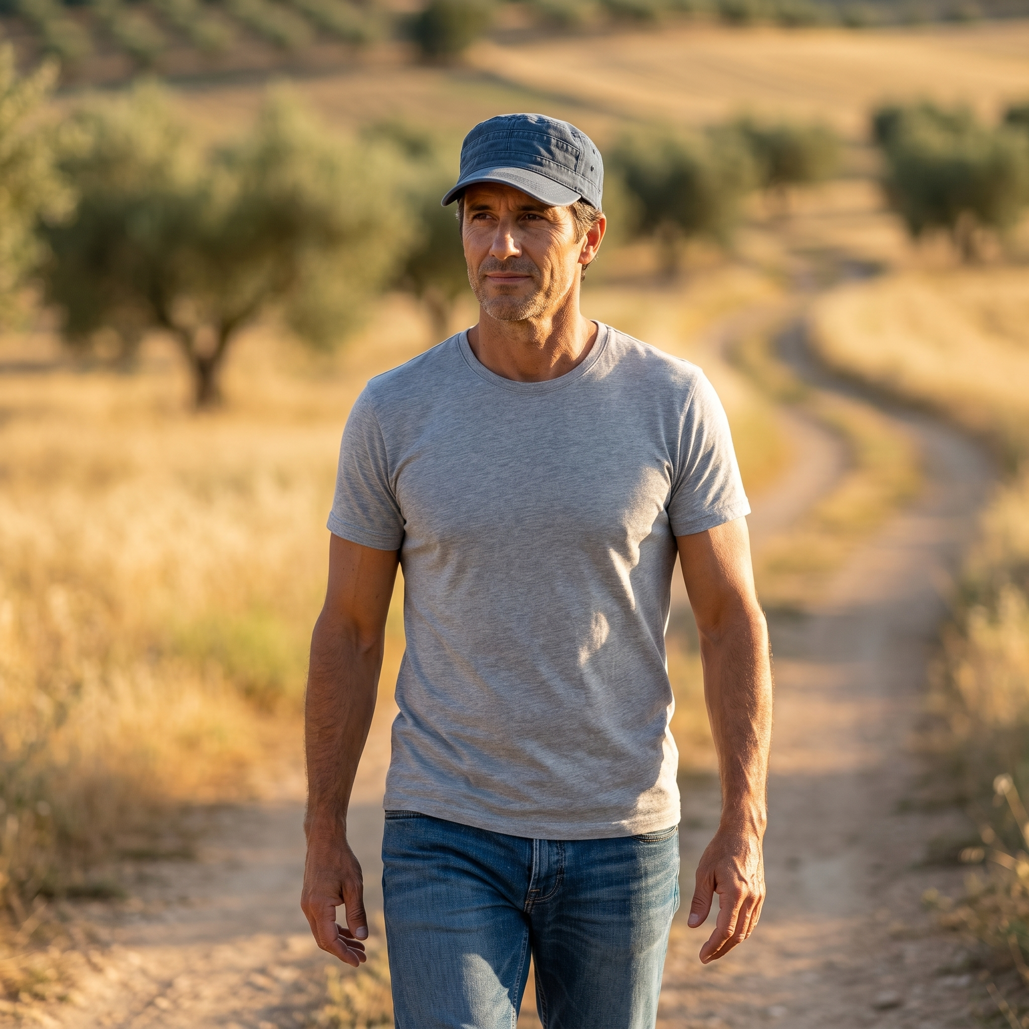 Hombre con gorra de algodón de campo azul vaquero caminando por sendero