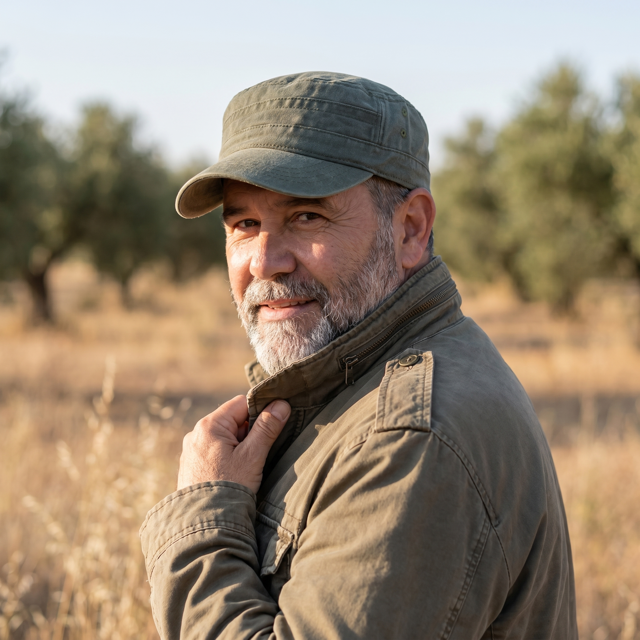 Hombre con gorra de algodón de campo verde militar en pradera