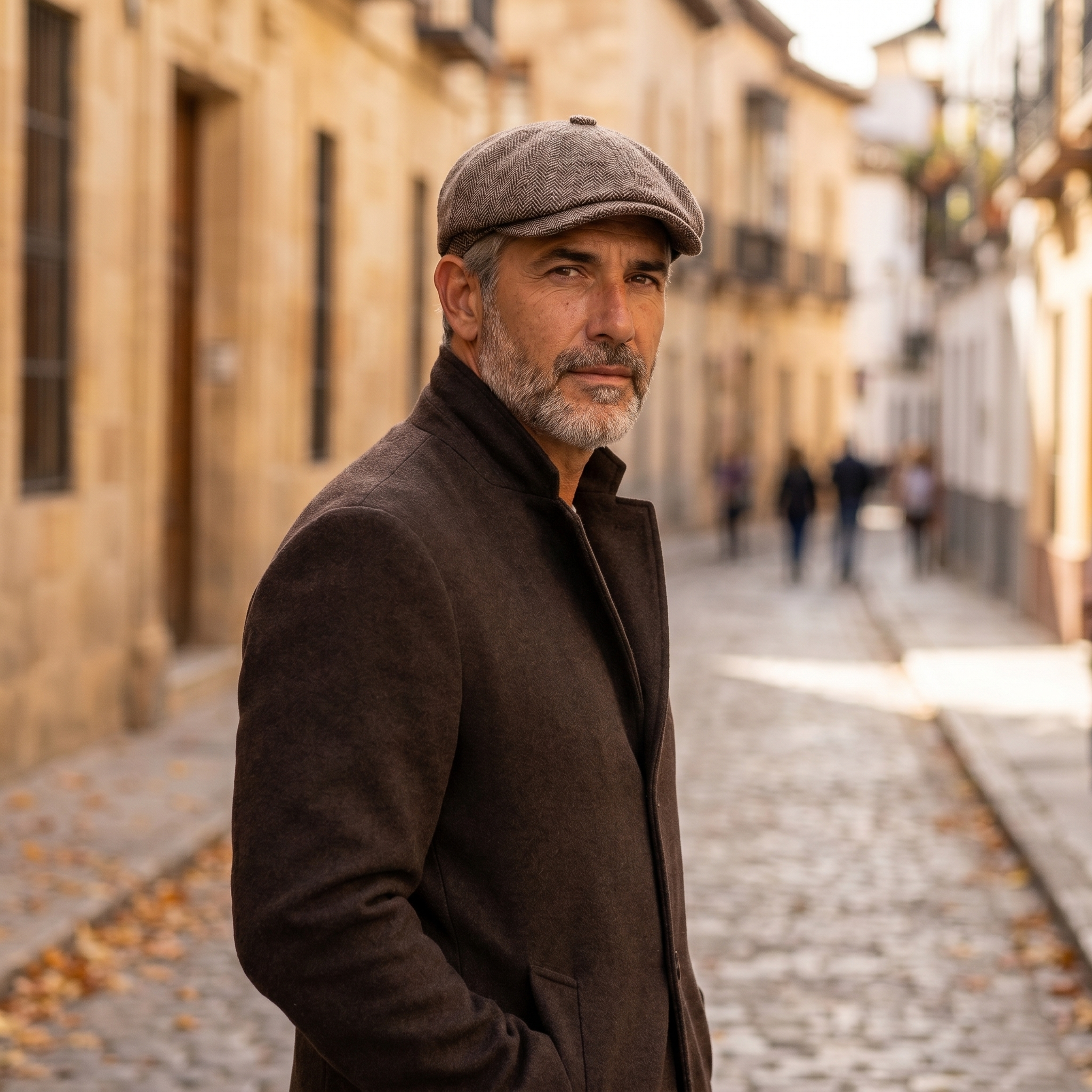 Hombre con gorra de lana de espiga marrón tabaco en calle histórica