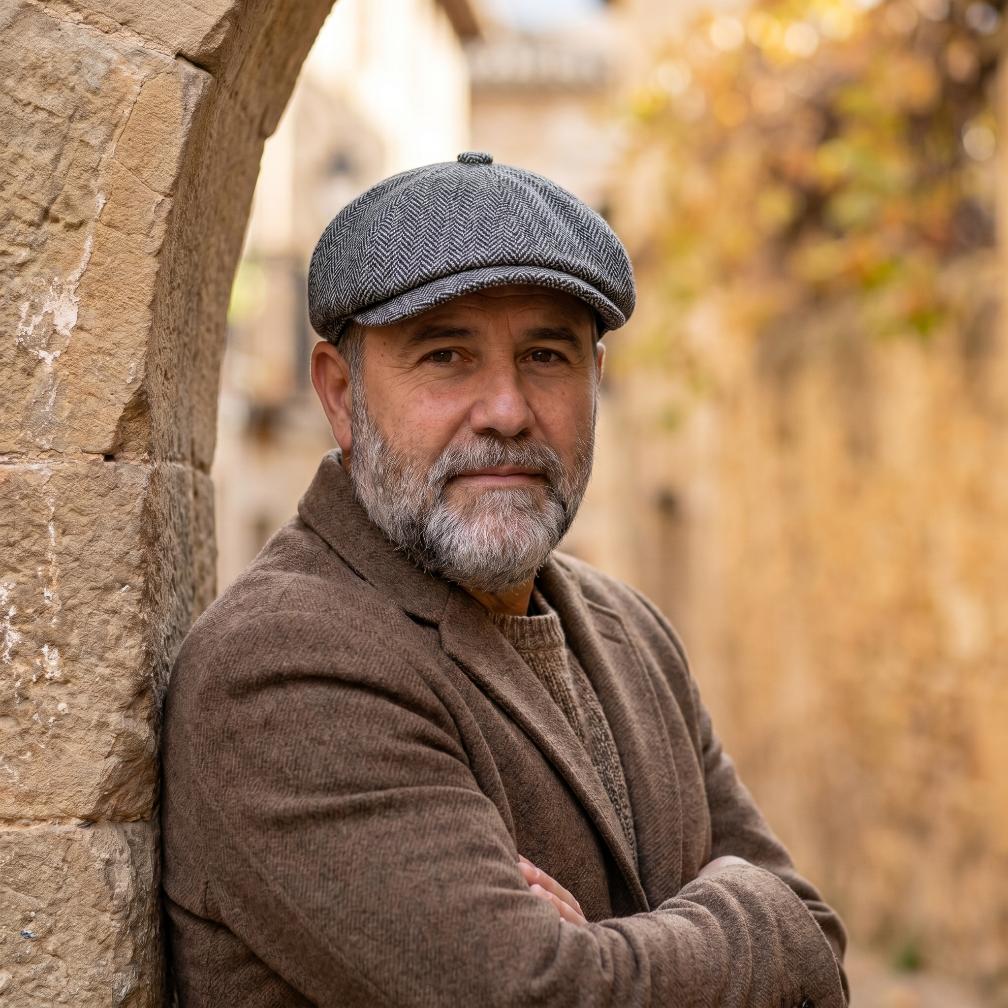 Hombre con gorra de lana de espiga gris ceniza junto a arco de piedra