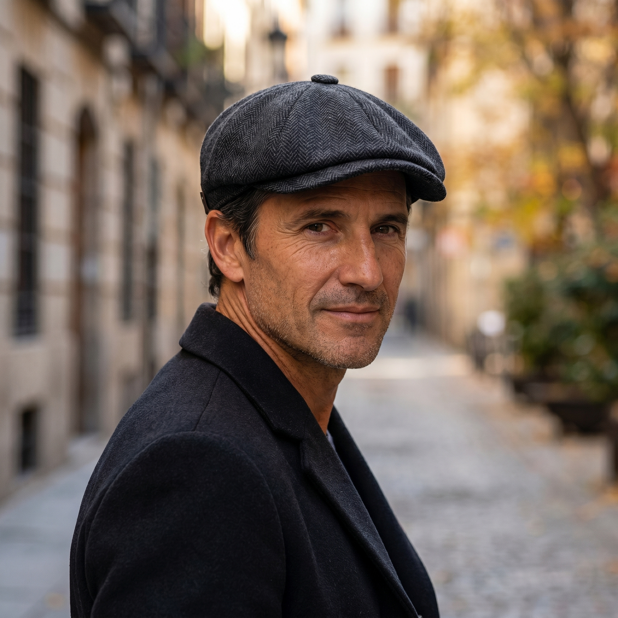 Hombre con gorra de lana de espiga negro carbón caminando por casco antiguo