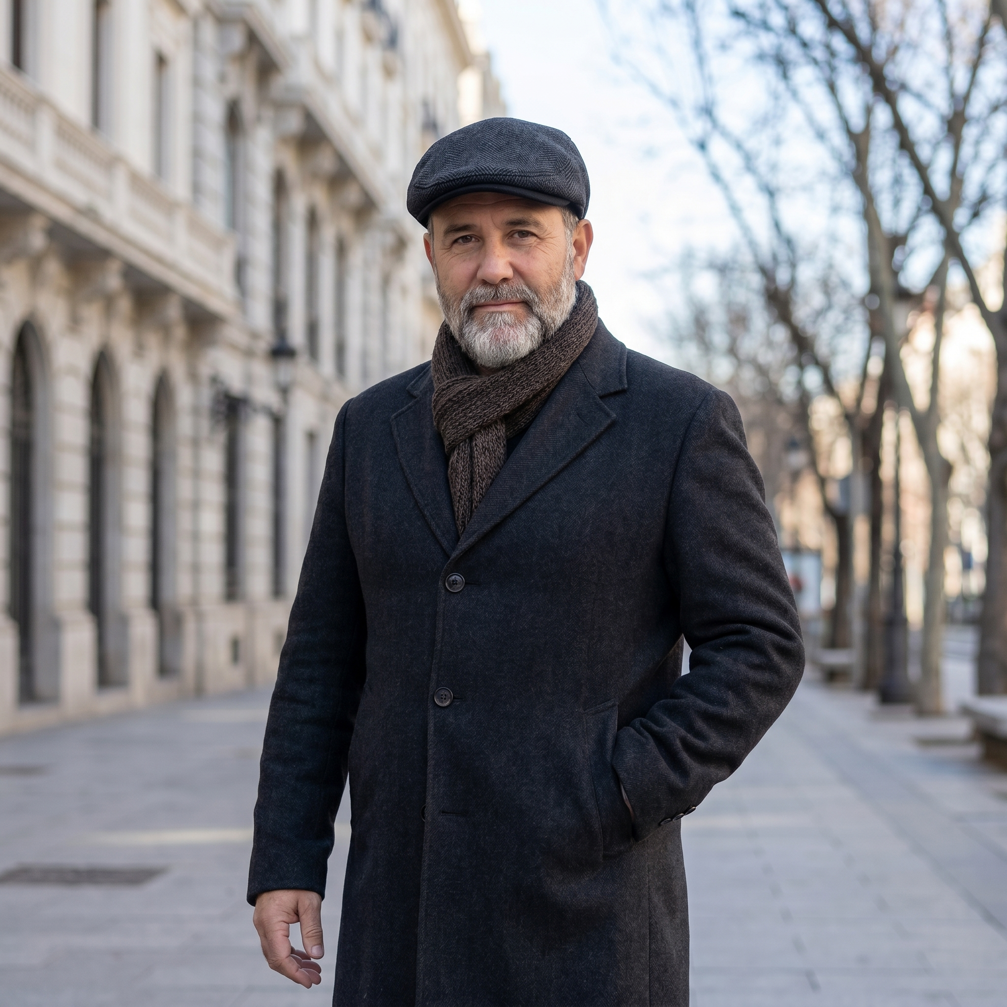 Hombre con gorra de lana clásica negro carbón en bulevar elegante