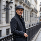 Hombre con gorra de lana clásica gris grafito junto a barandilla de hierro