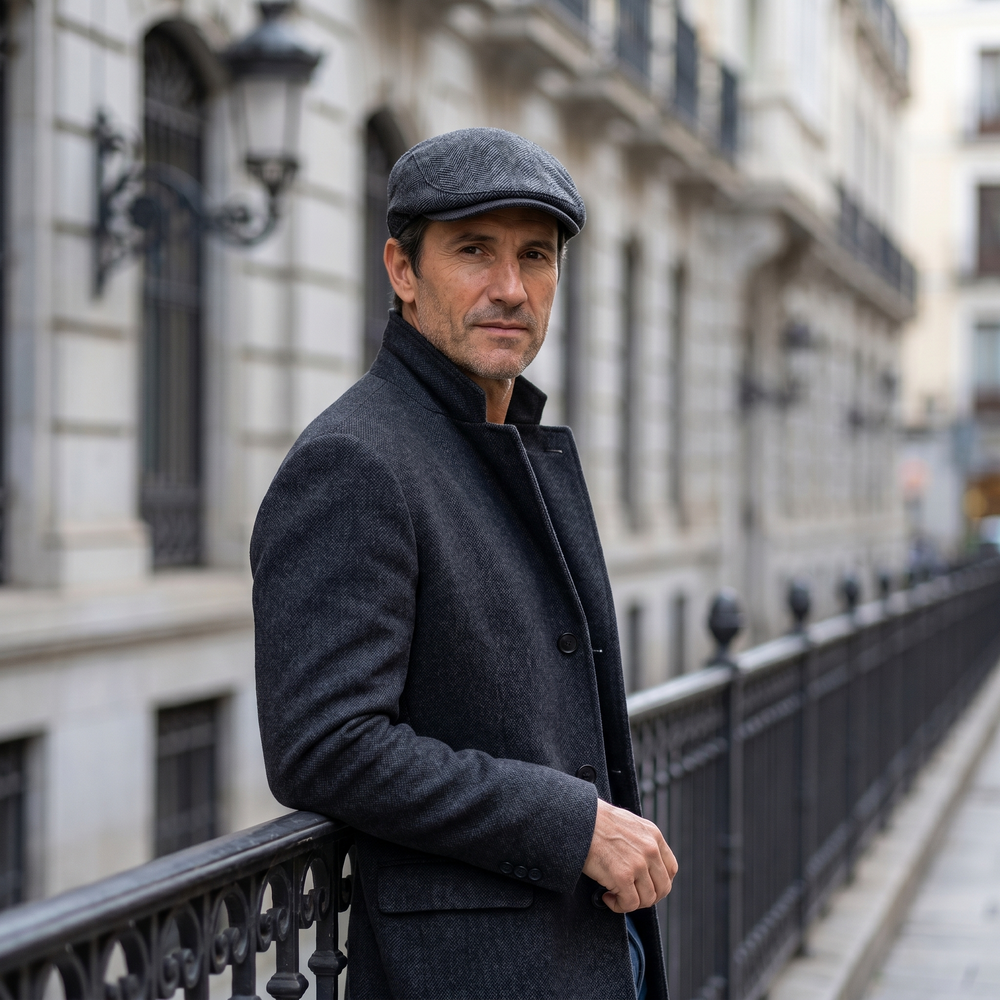 Hombre con gorra de lana clásica gris grafito junto a barandilla de hierro