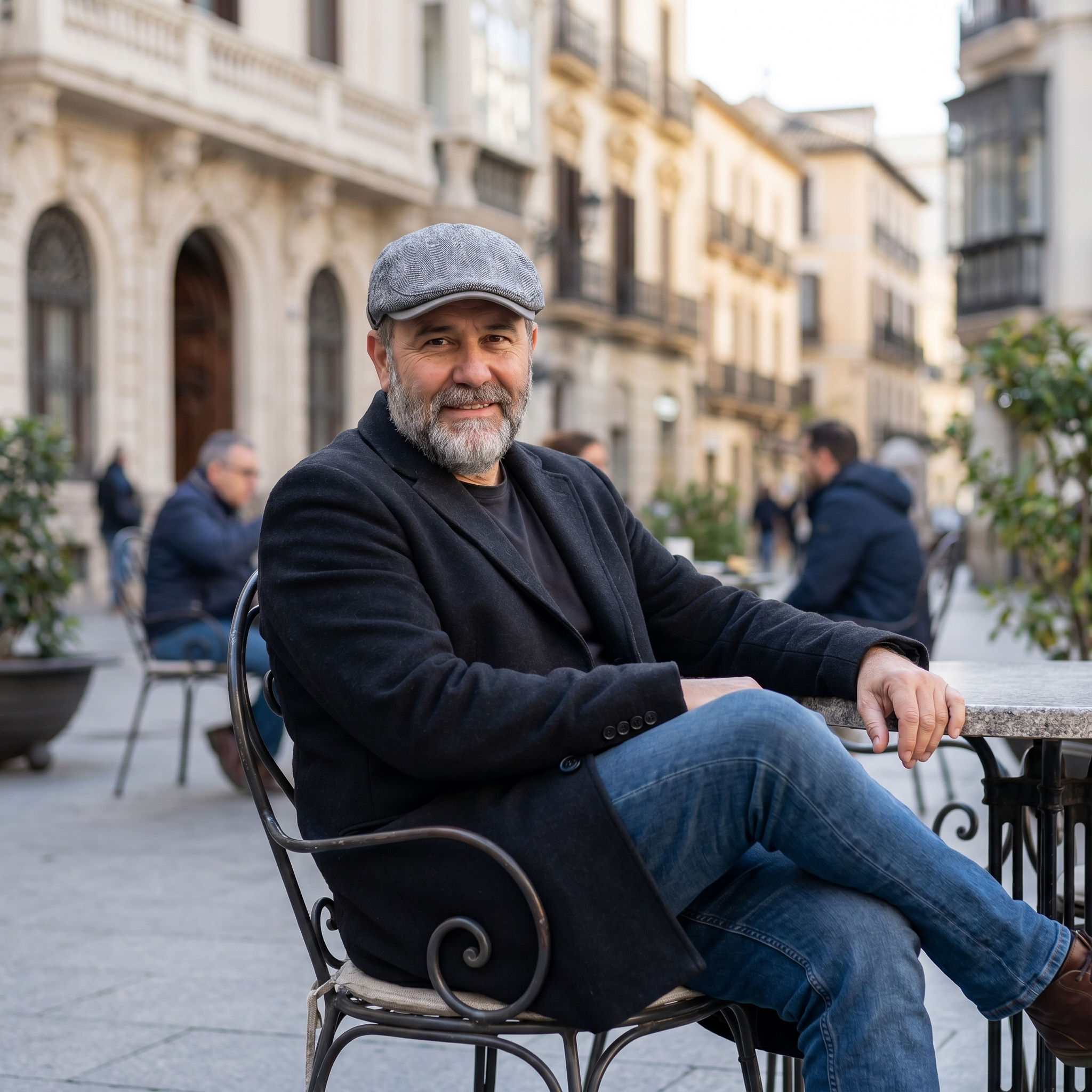 Hombre con gorra de lana clásica gris ceniza en terraza de café elegante
