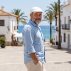 Hombre con gorra de conductor blanco en plaza costera española