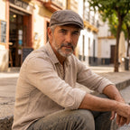Hombre con gorra lavada vintage marrón tabaco sentado en escalón de café