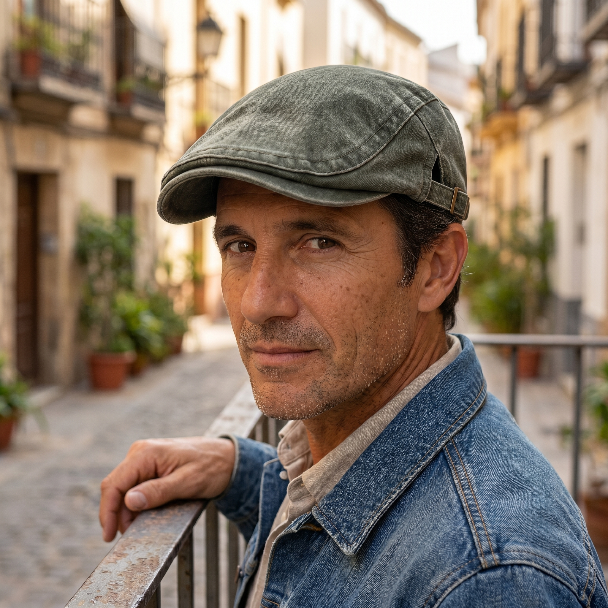 Hombre con gorra lavada vintage verde militar junto a una barandilla