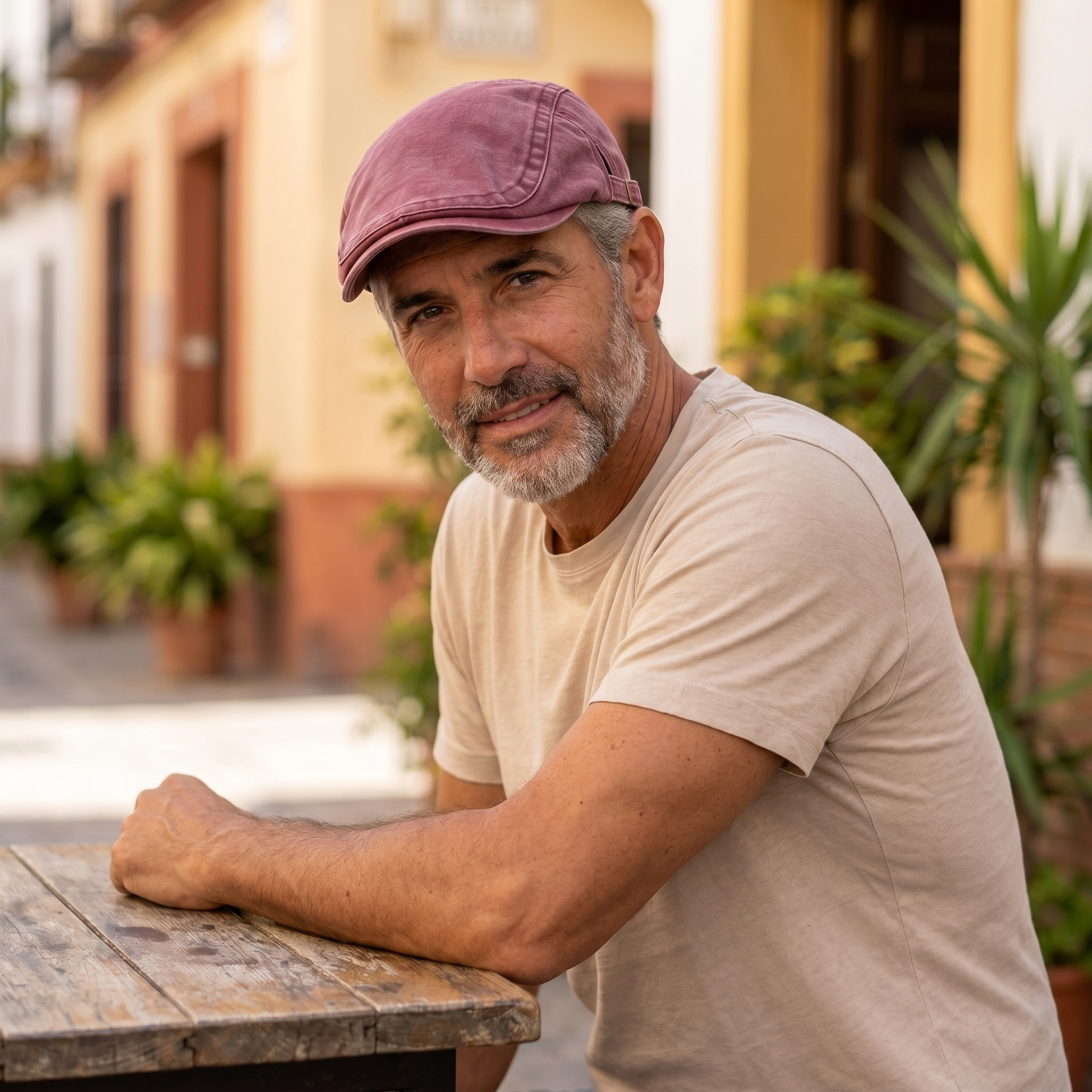 Hombre con gorra lavada vintage rojo caoba en mesa de café de barrio