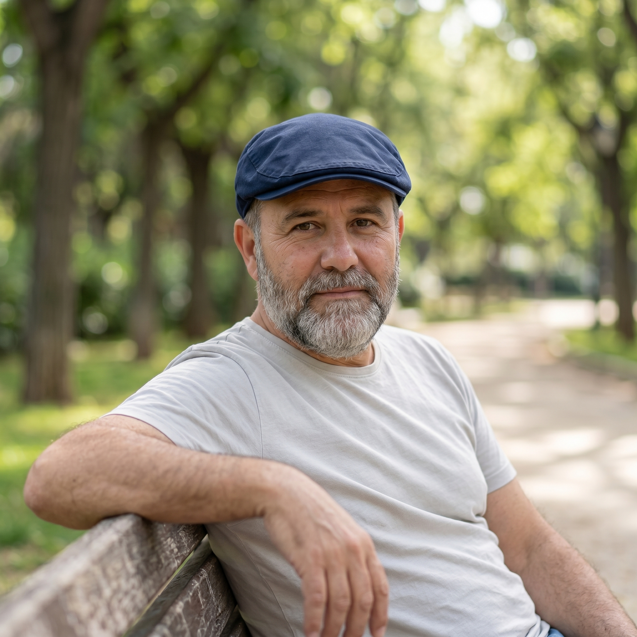 Hombre con gorra plana de algodón azul marino sentado en banco de parque