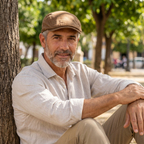 Hombre con gorra plana de algodón marrón apoyado en un árbol