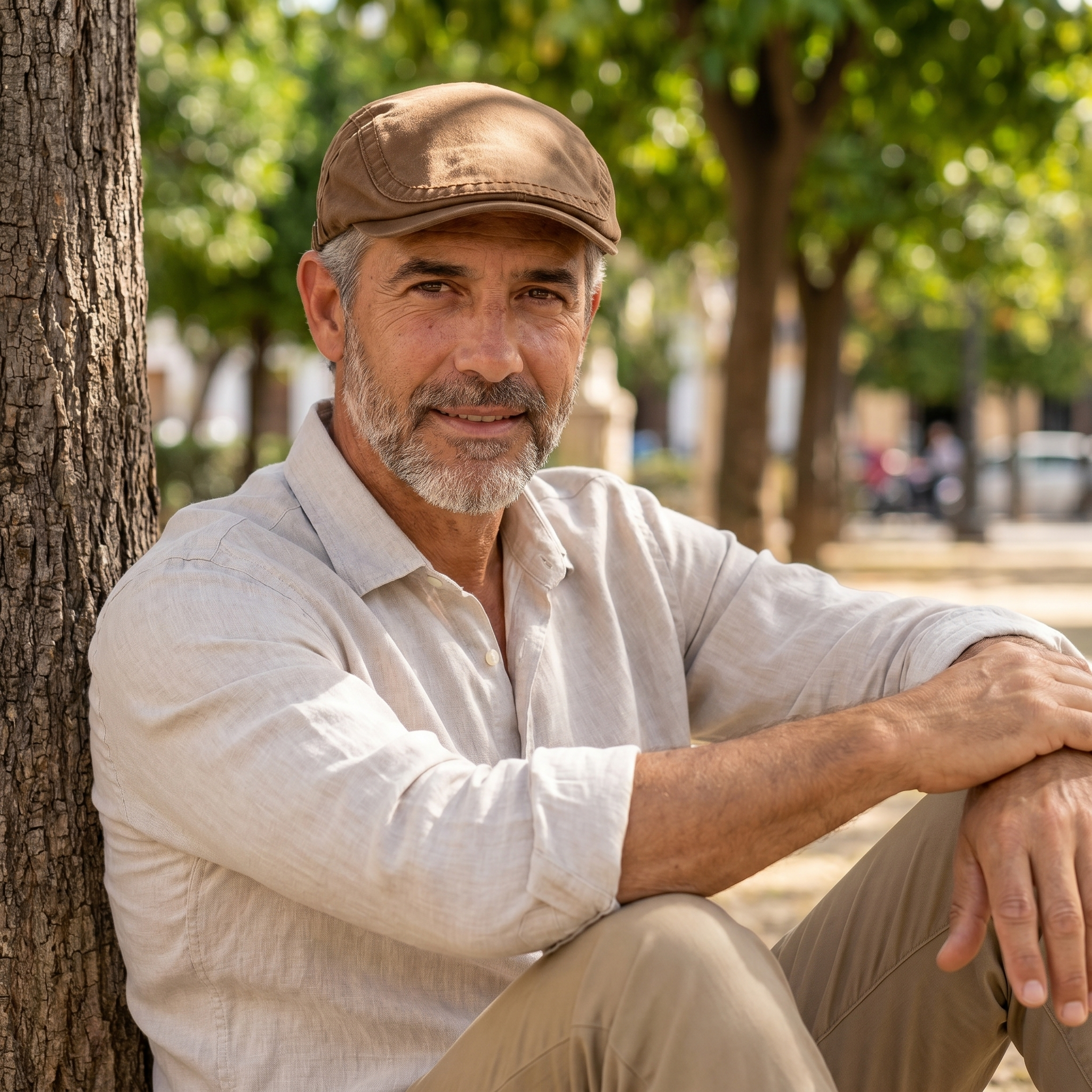 Hombre con gorra plana de algodón marrón apoyado en un árbol