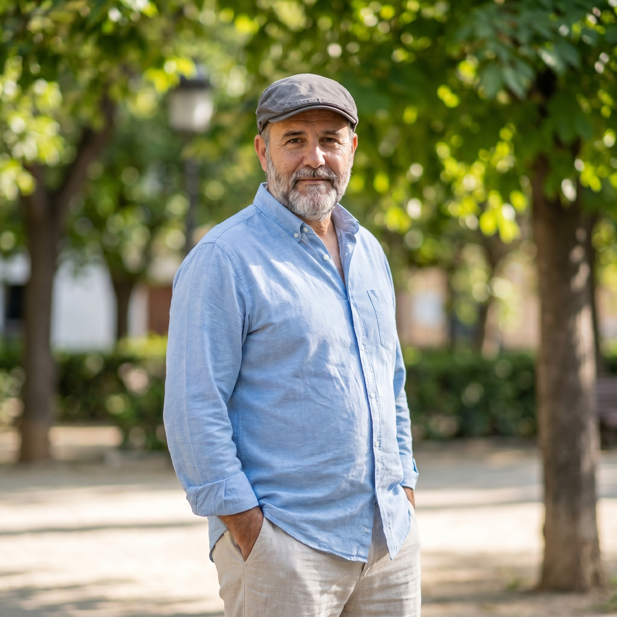 Hombre con gorra plana de algodón gris de pie en el parque