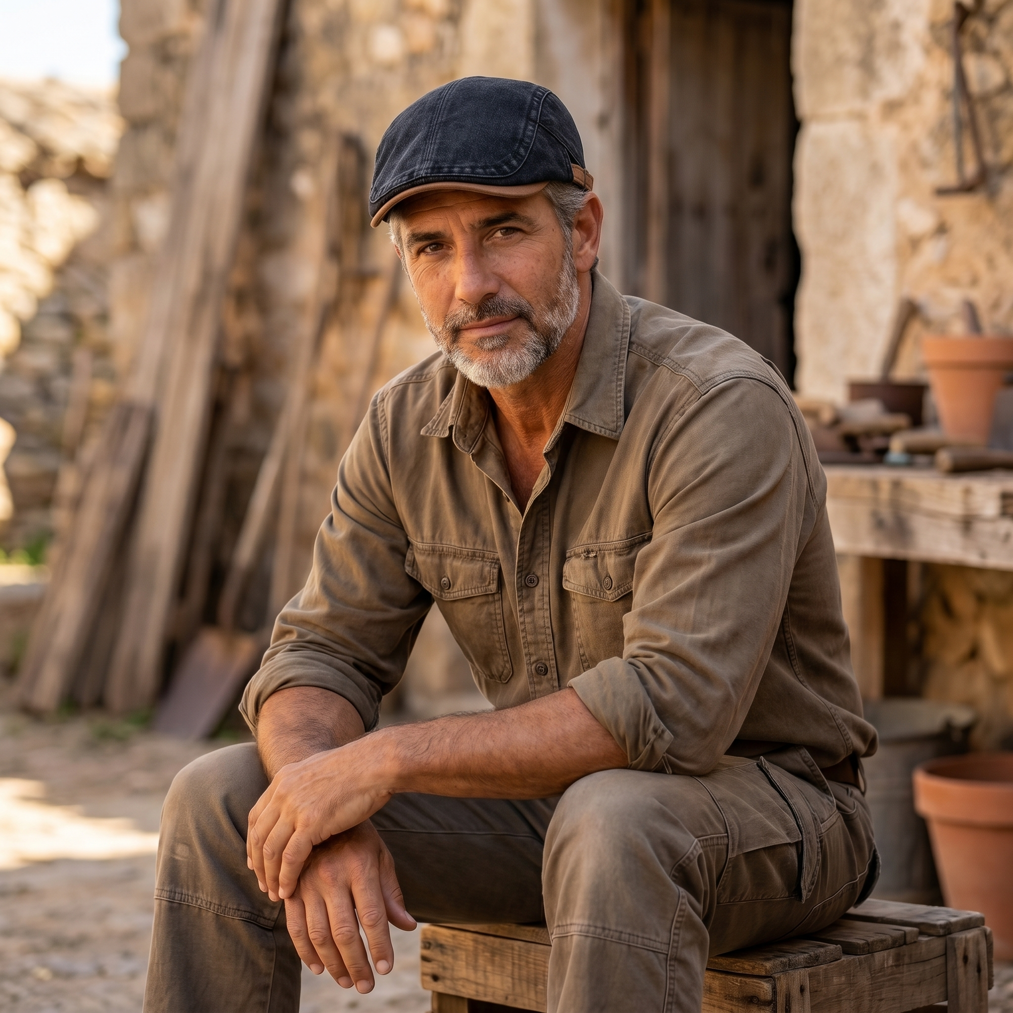 Hombre con gorra vaquera de trabajo negro carbón sentado en caja de madera