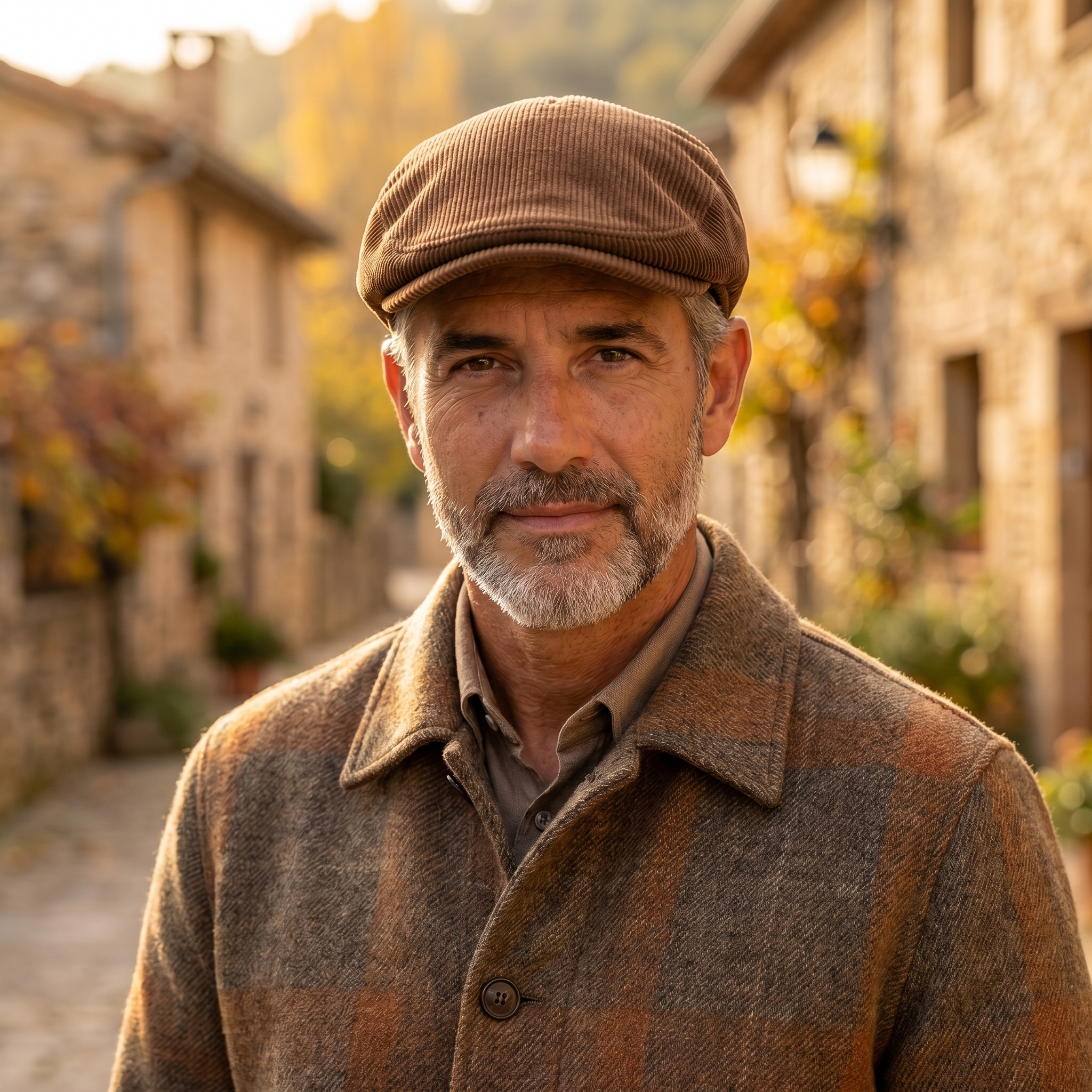 Hombre con gorra de pana vintage marrón tabaco en pueblo con luz de otoño
