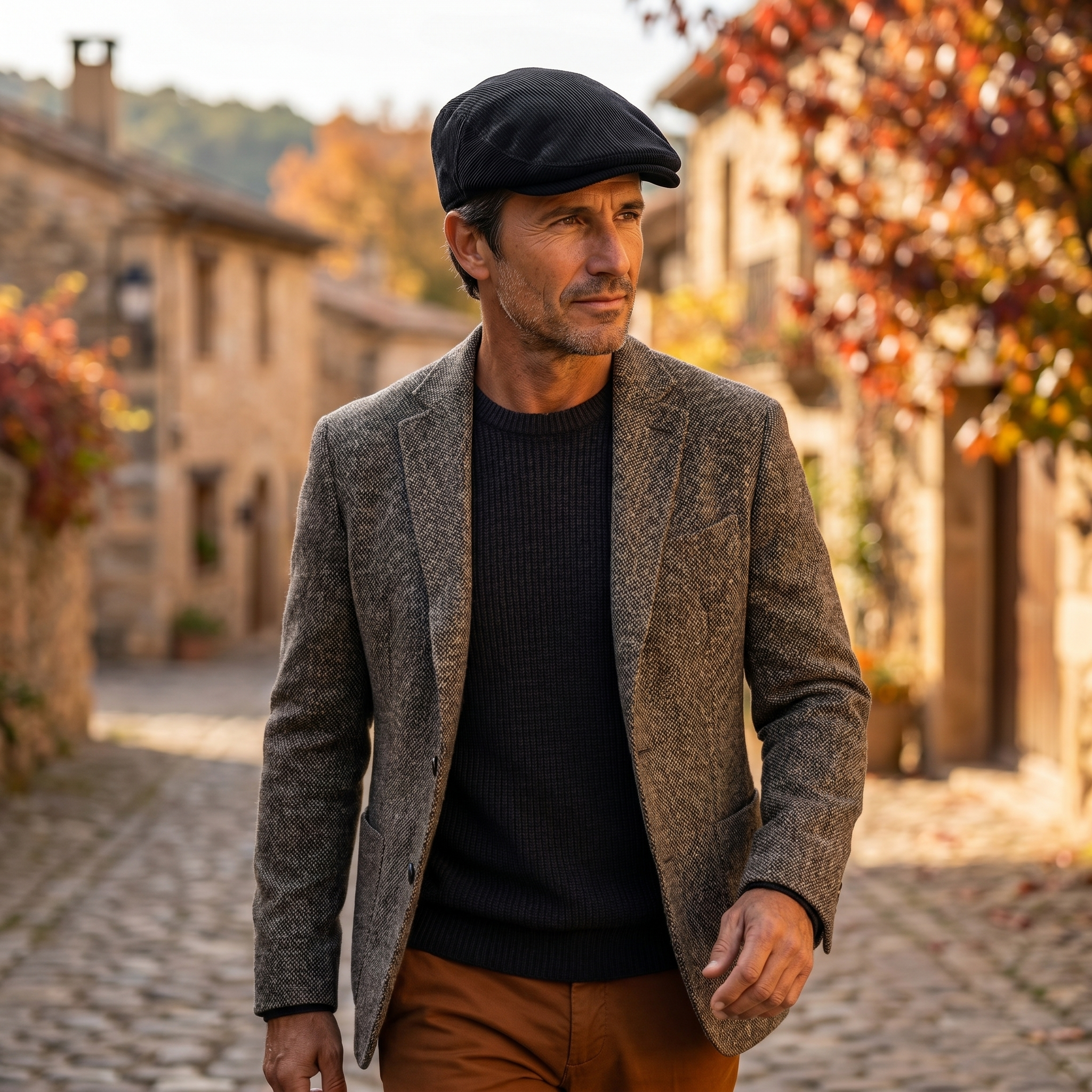 Hombre con gorra de pana vintage negro carbón caminando por callejón de pueblo