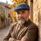 Hombre con gorra de pana vintage azul vaquero apoyado en muro de piedra de pueblo