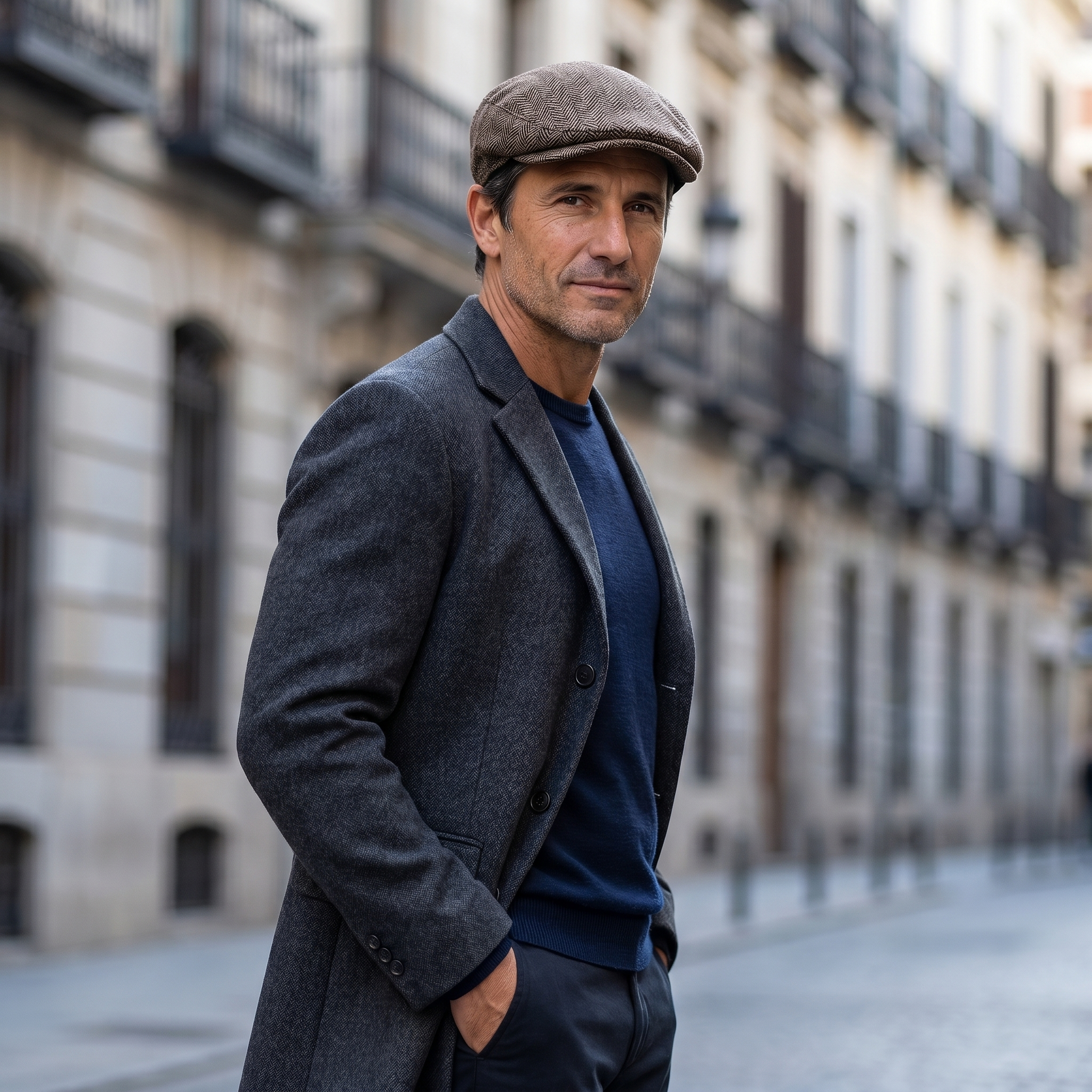 Hombre con gorra de conductor de espiga marrón tabaco en calle elegante