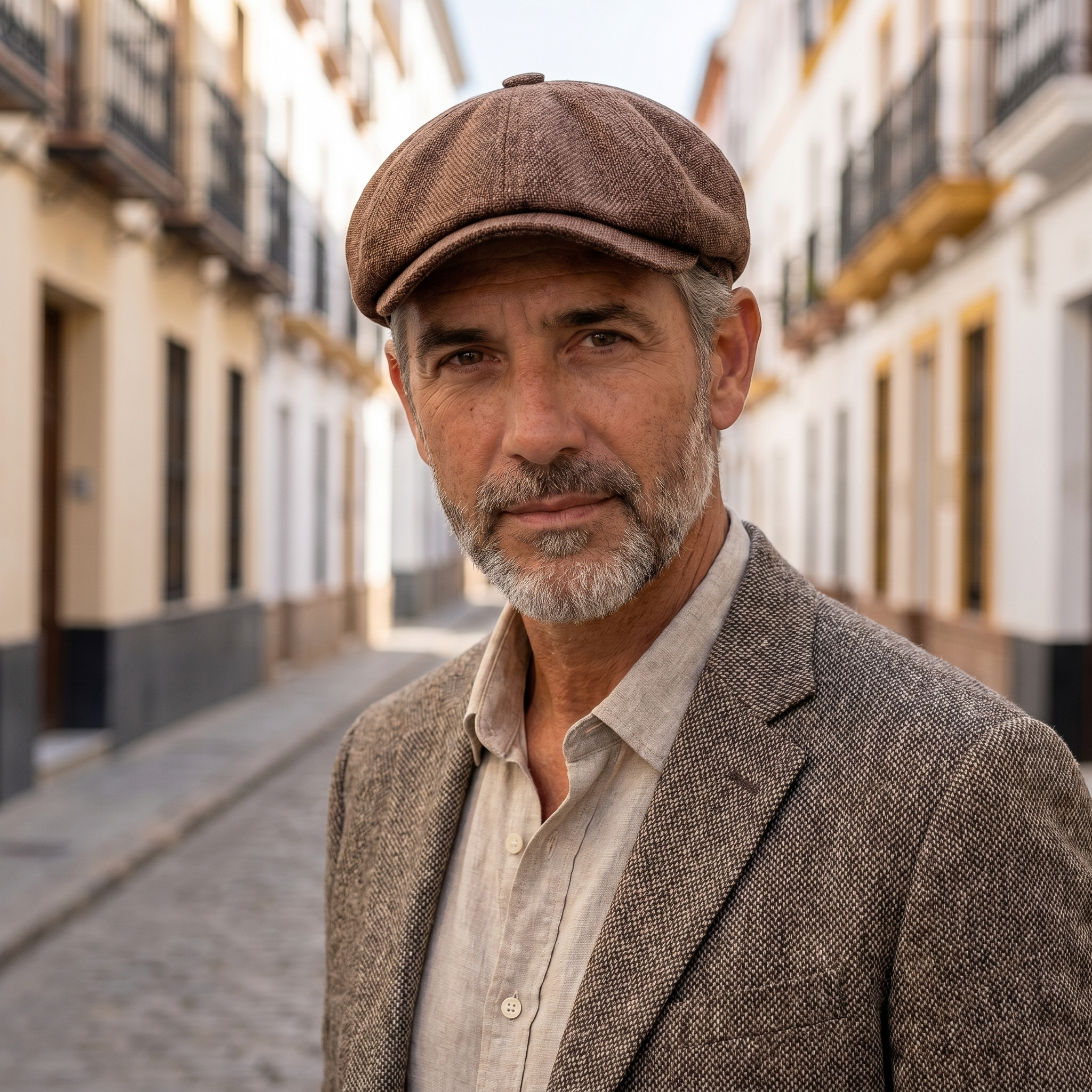 Hombre con gorra gavroche newsboy marrón en casco antiguo empedrado