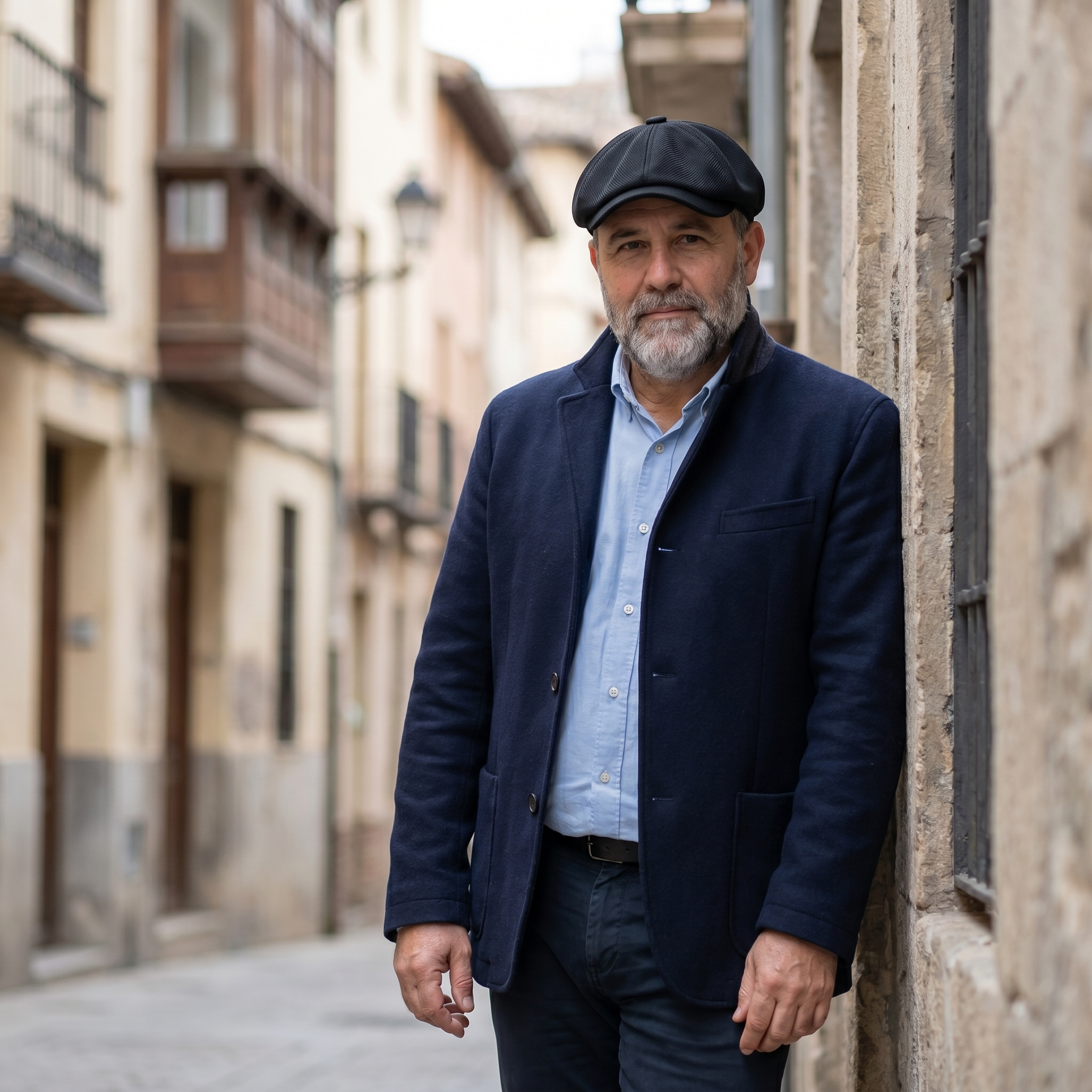 Hombre con gorra gavroche newsboy negro apoyado en fachada clásica